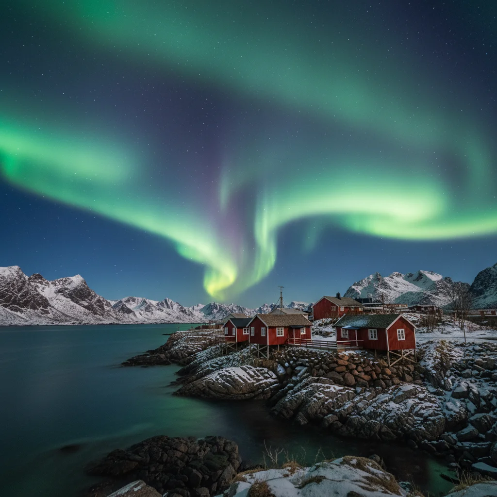 Nordlichter über den roten Rorbuer-Hütten auf den Lofoten in Norwegen