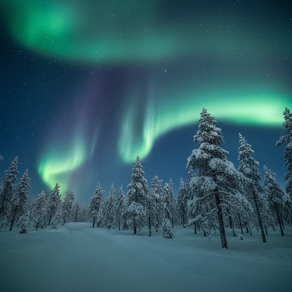 Nordlicht über einem verschneiten Wald, der an nordische Sagenwelten erinnert