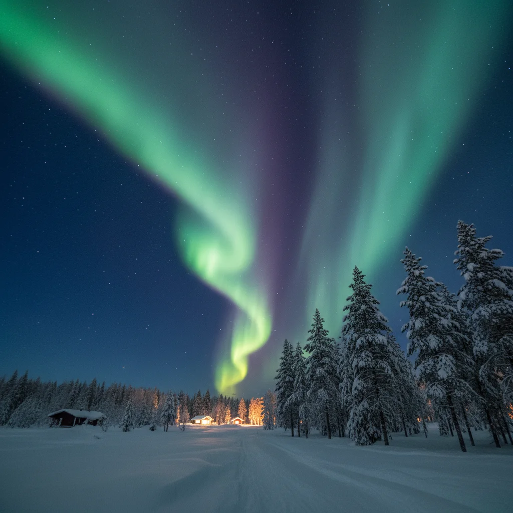 Nordlichter über einem verschneiten Wald bei Rovaniemi in Finnland
