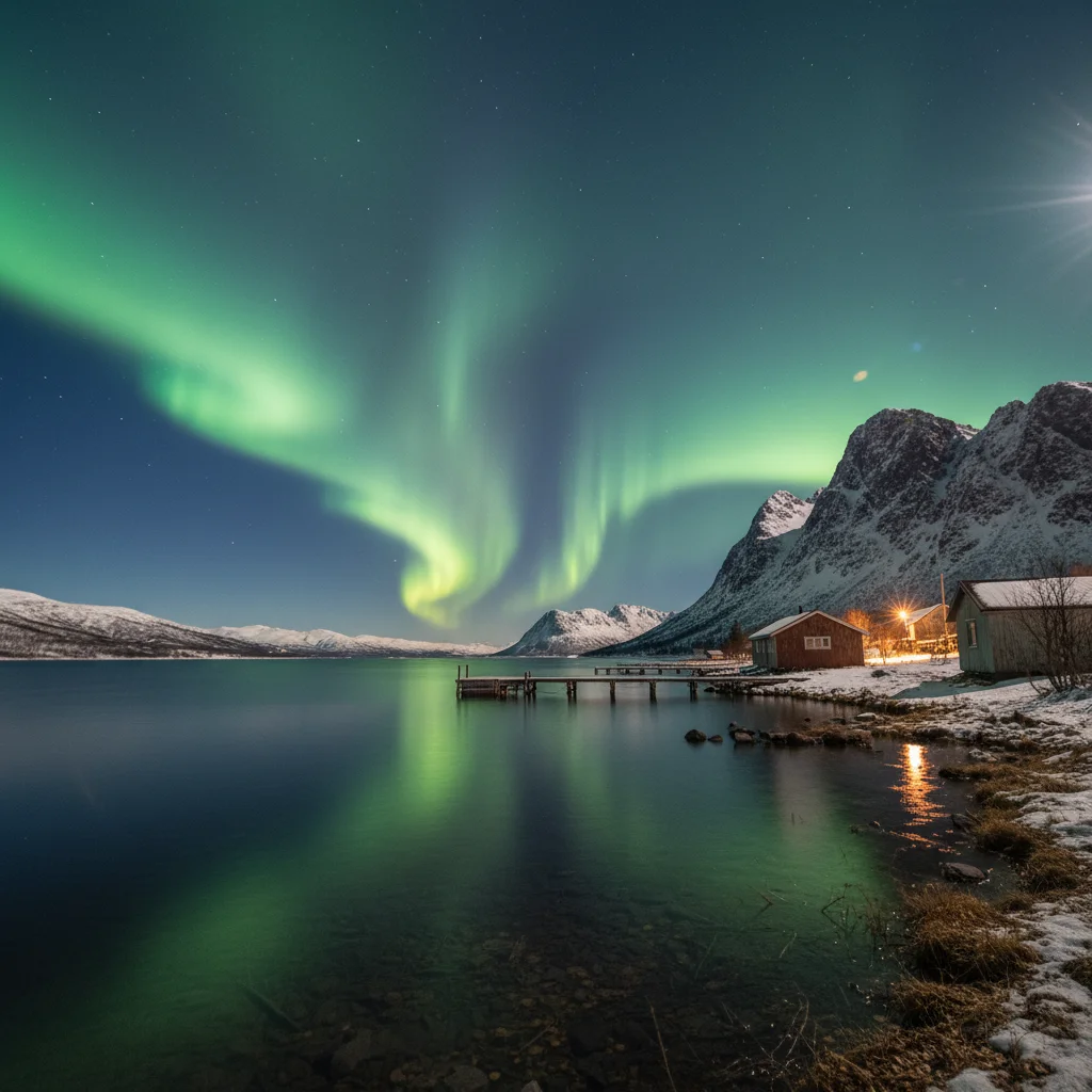 Grüne Nordlichter spiegeln sich im stillen See bei Abisko in Schwedisch-Lappland
