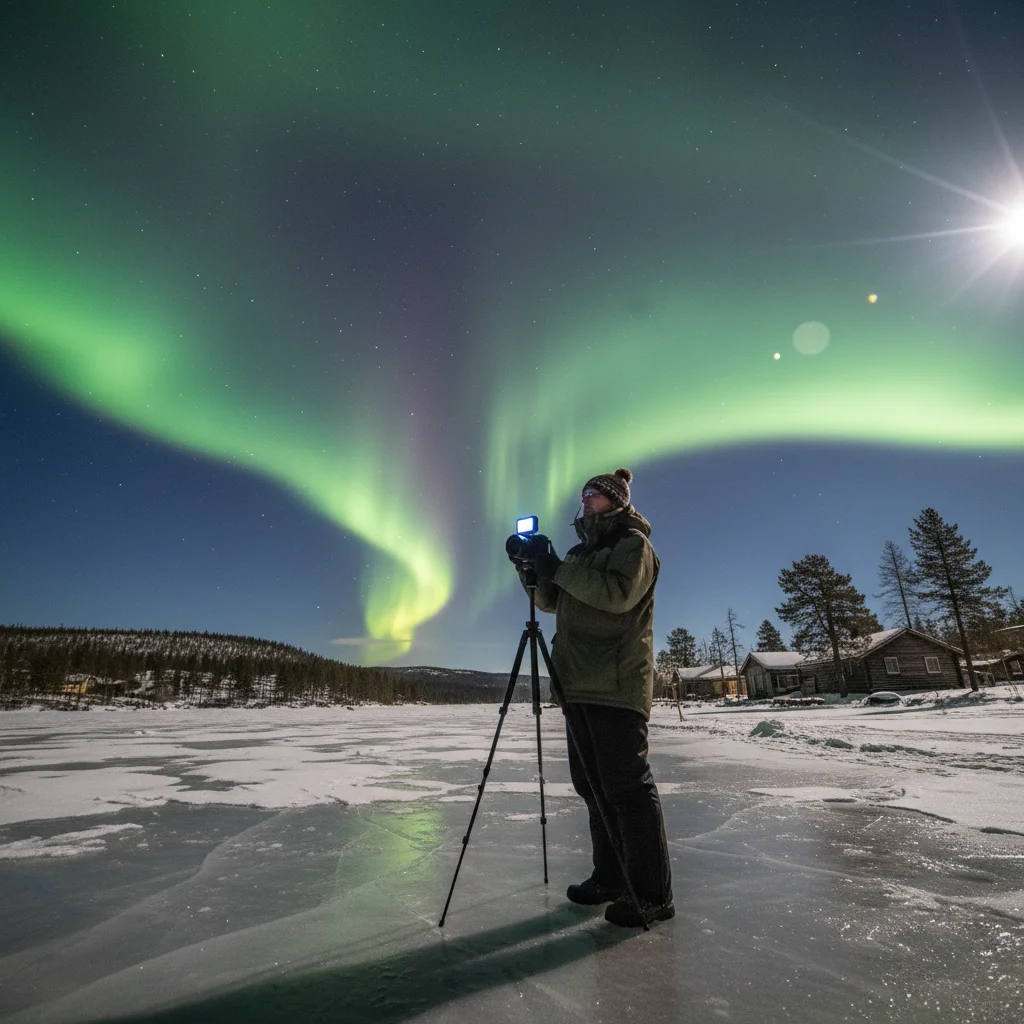 Fotograf mit Stativ und Kamera vor grünem Polarlicht in der schwedischen Winterlandschaft