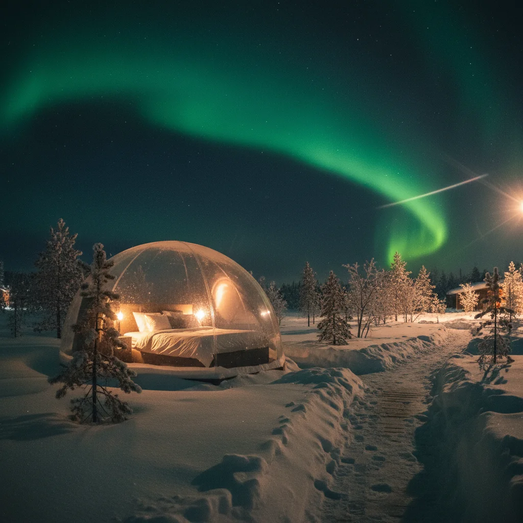 Glasiglu-Unterkunft unter Nordlichtern in Schwedisch-Lappland