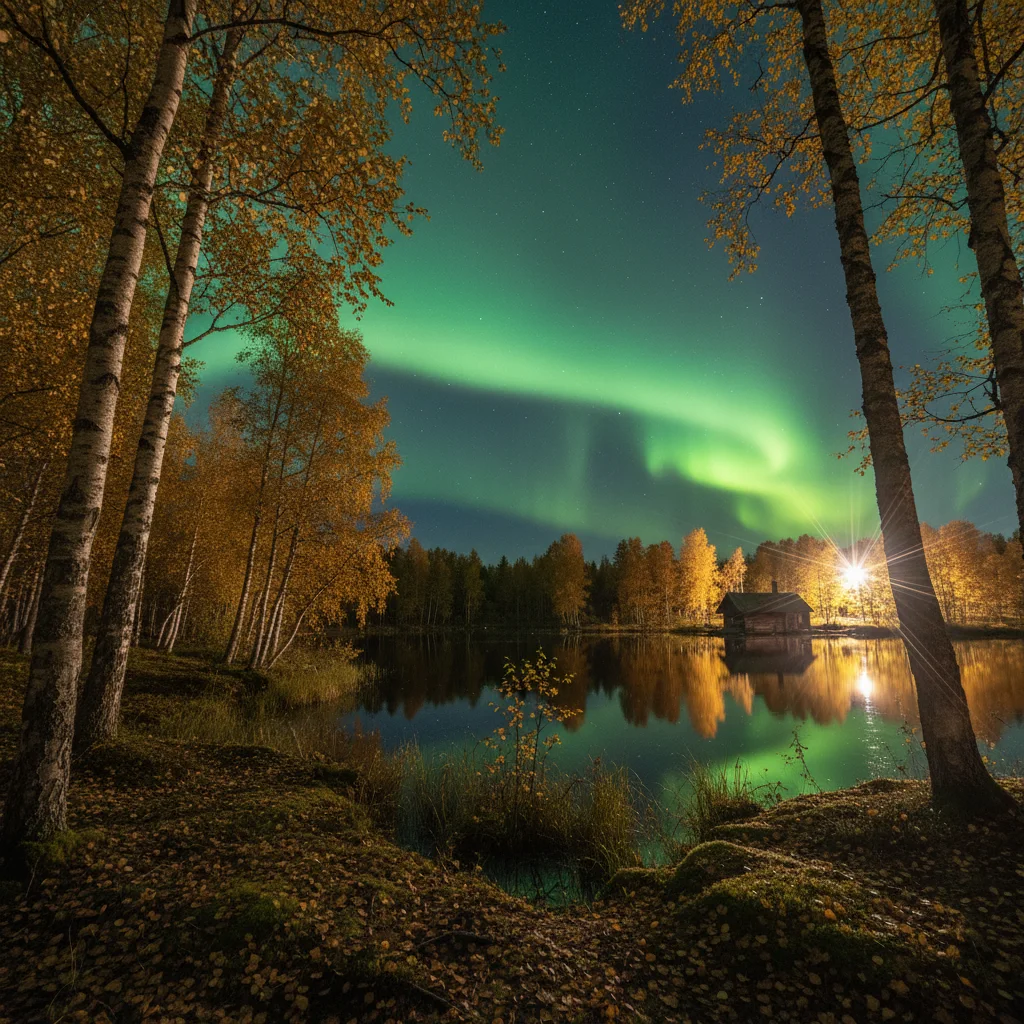 Nordlichter über herbstlich gefärbten Birken in der schwedischen Wildnis