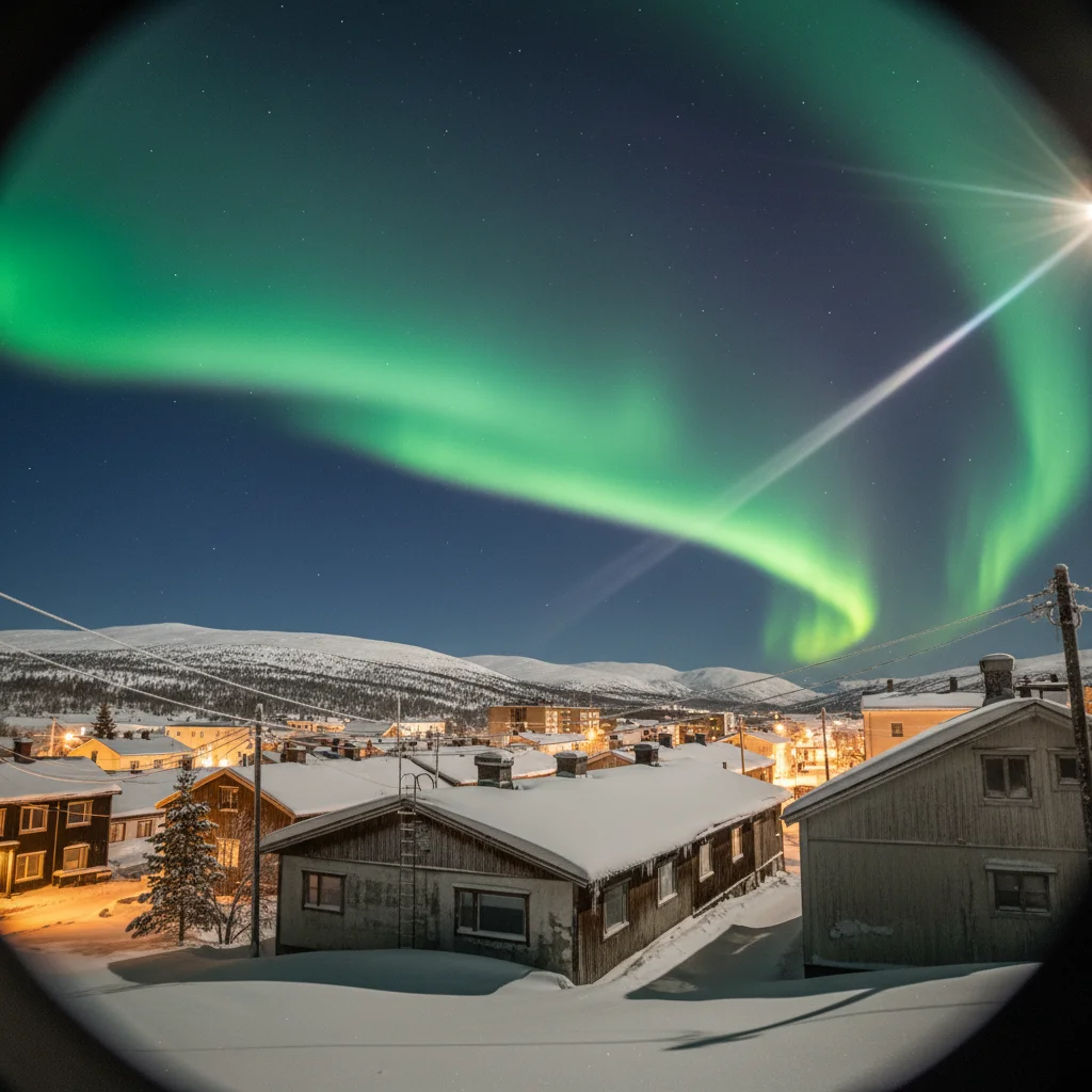 Winterlandschaft bei Kiruna mit schwach leuchtendem Polarlichtbogen am Horizont