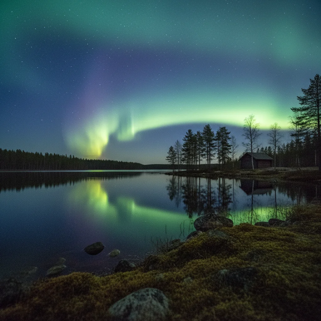 Nordlichter spiegeln sich in einem finnischen See