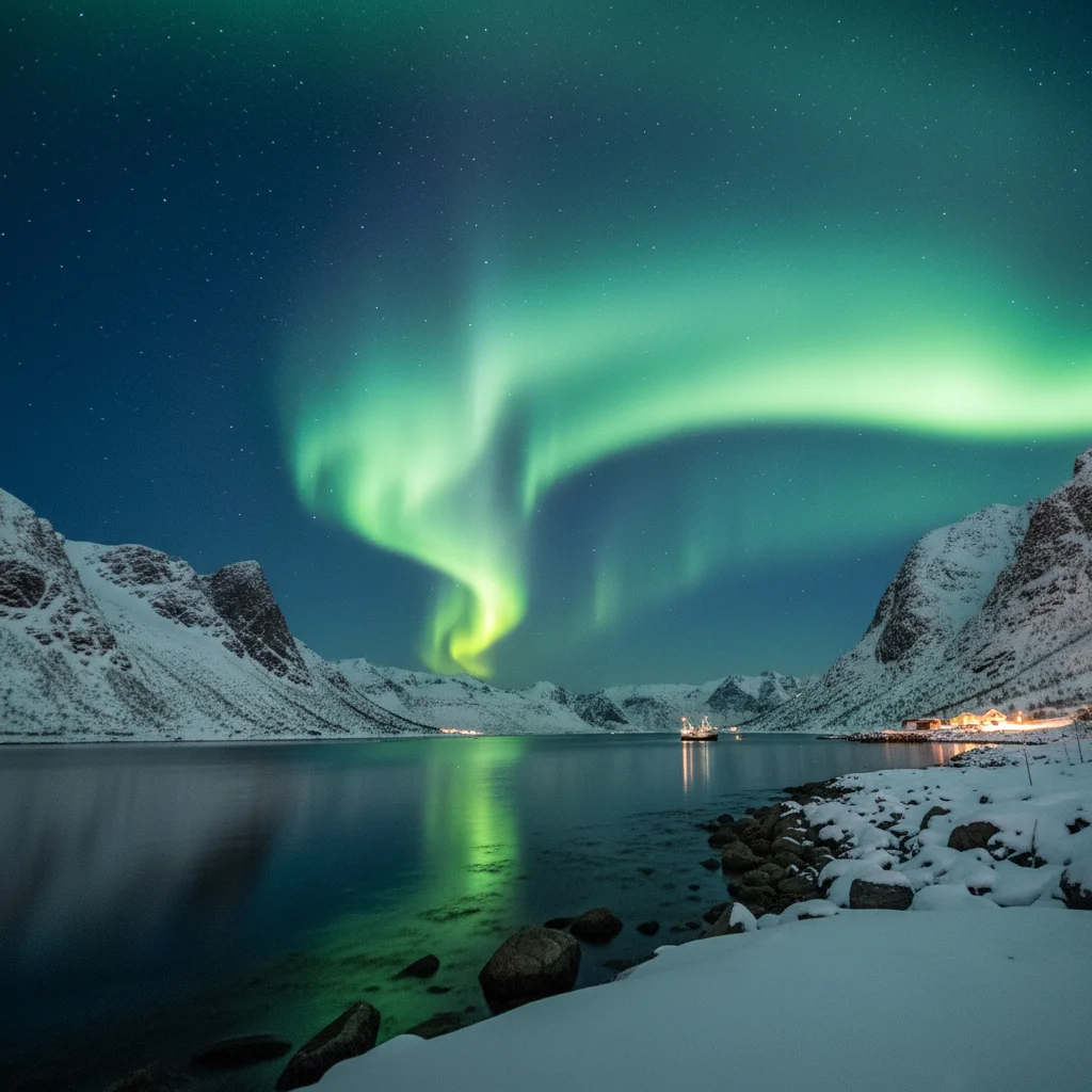 Grüne Nordlichter über einem norwegischen Fjord mit verschneiten Bergen