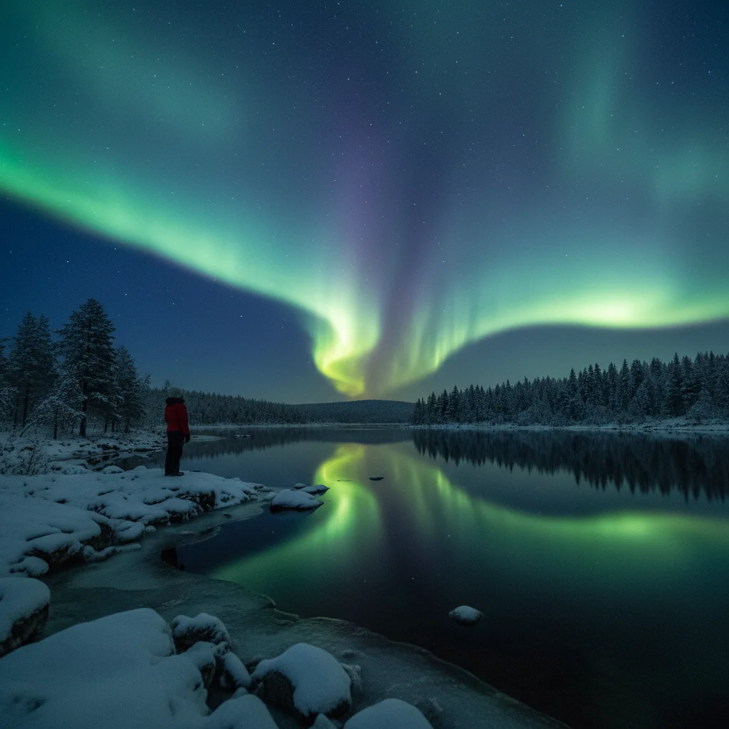 Nordlichter spiegeln sich in einem stillen See in Lappland