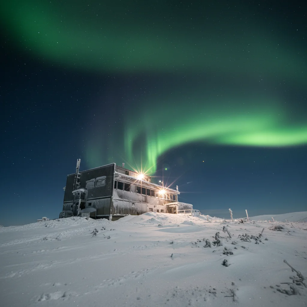 Aurora Sky Station in Abisko bei Nacht mit grünen Nordlichtern über dem verschneiten Nuolja-Berg