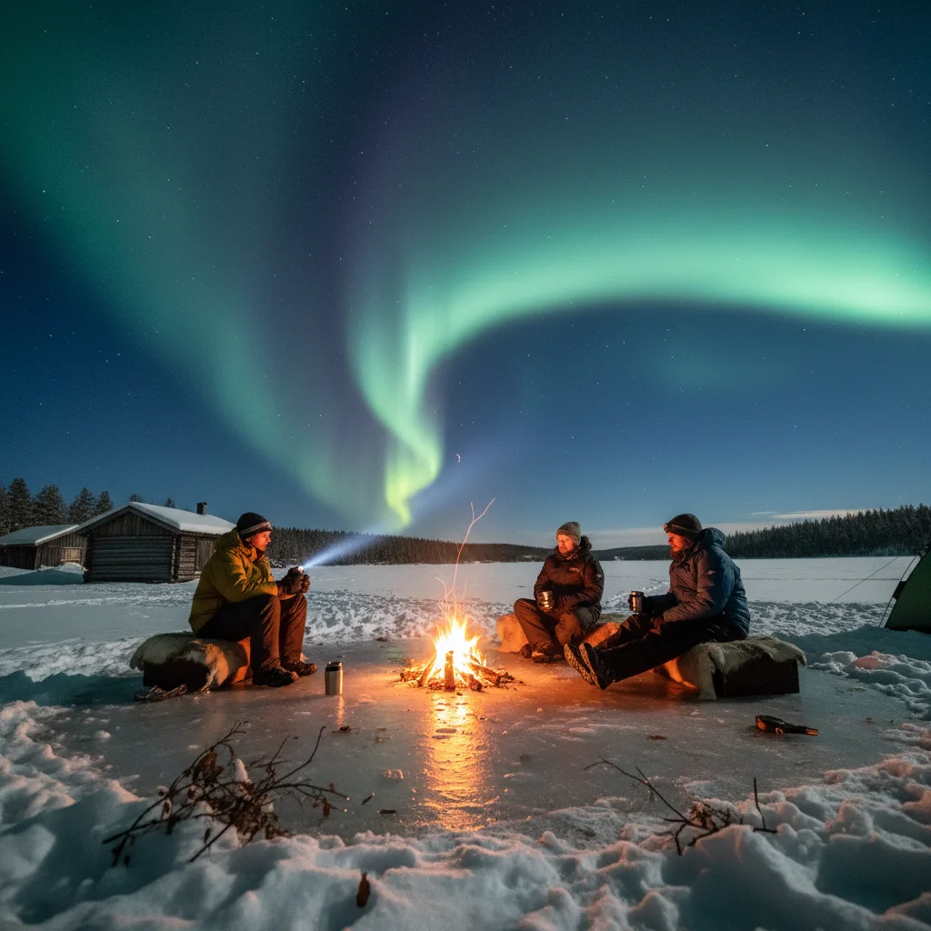 Lagerfeuer im Schnee unter Nordlichtern mit kleiner Gruppe von Touristen in Schwedisch-Lappland