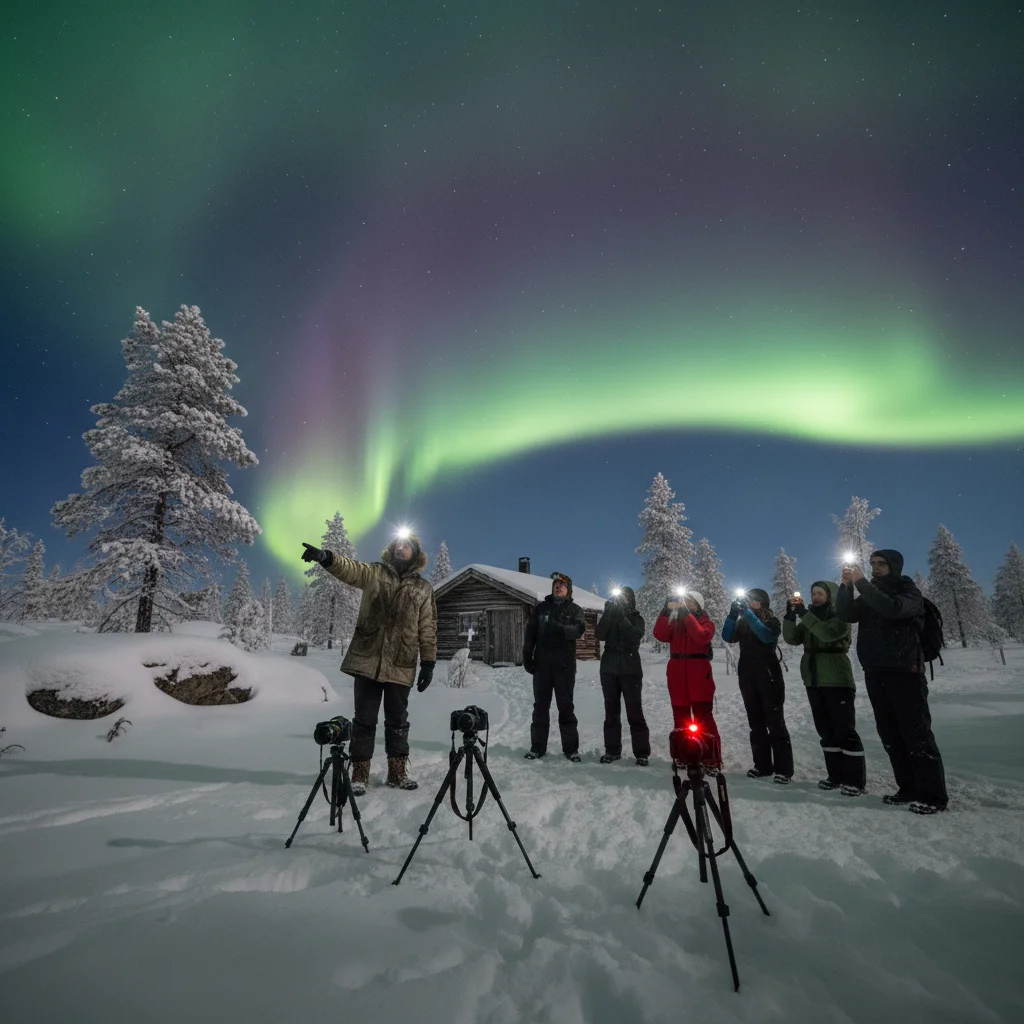 Guide zeigt auf grüne Nordlichter am Himmel über einer verschneiten Landschaft in Schwedisch-Lappland