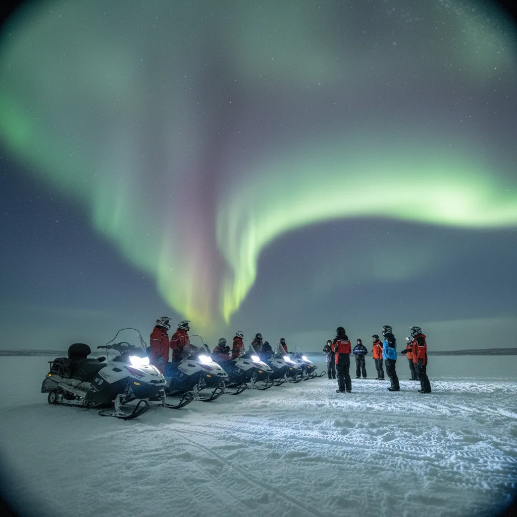 Schneemobile parken an einem zugefrorenen See in Lappland unter grünem Polarlicht