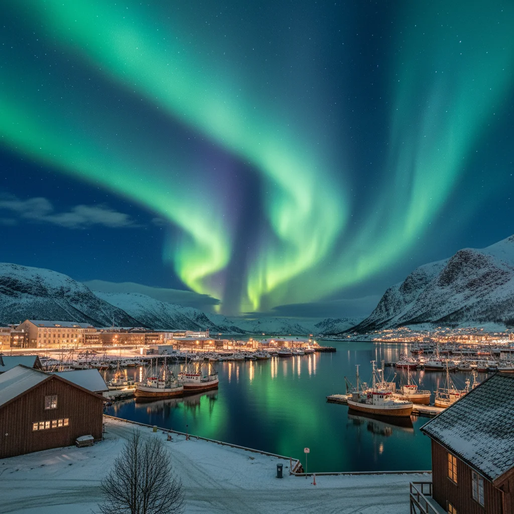 Nordlichter über dem Hafen von Tromsø in Nordnorwegen