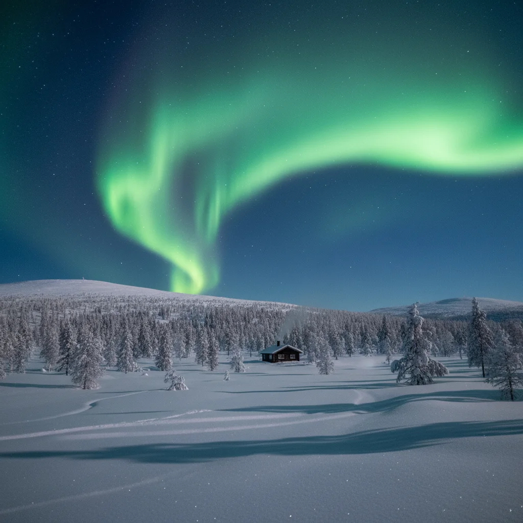 Grüne Nordlichter über einer verschneiten Landschaft in Lappland