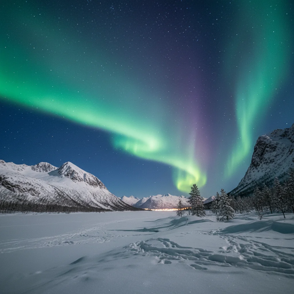 Nordlichter über einer verschneiten nordischen Landschaft mit klarem Sternenhimmel
