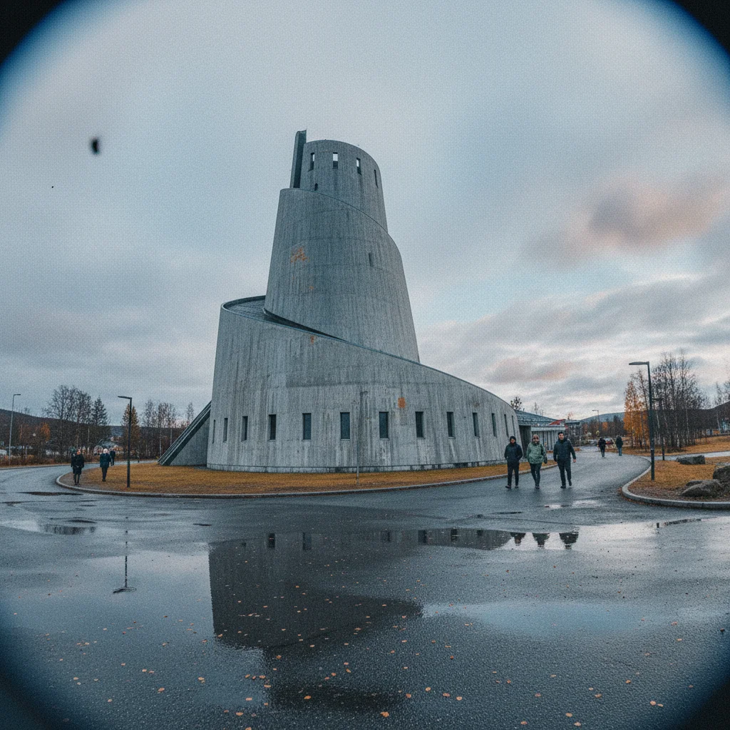 Die Nordlichtkathedrale in Alta von außen bei Dämmerung mit beleuchteter Titanfassade