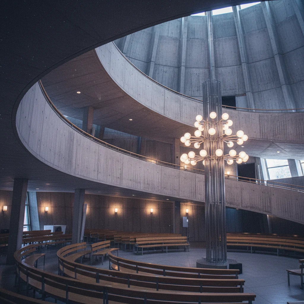 Innenansicht der Nordlichtkathedrale mit Holzverkleidung und Lichtelementen