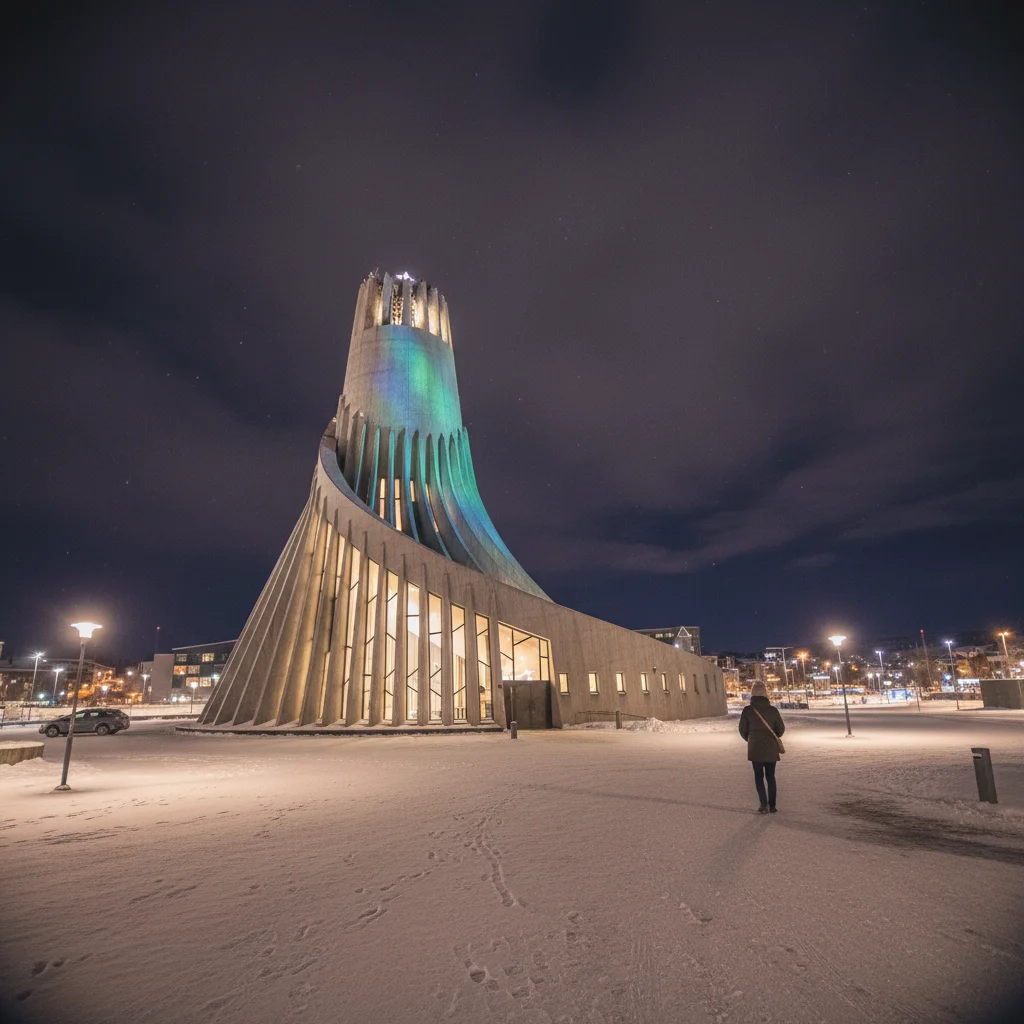 Nordlichtkathedrale bei Nacht mit grünem Nordlicht am Himmel