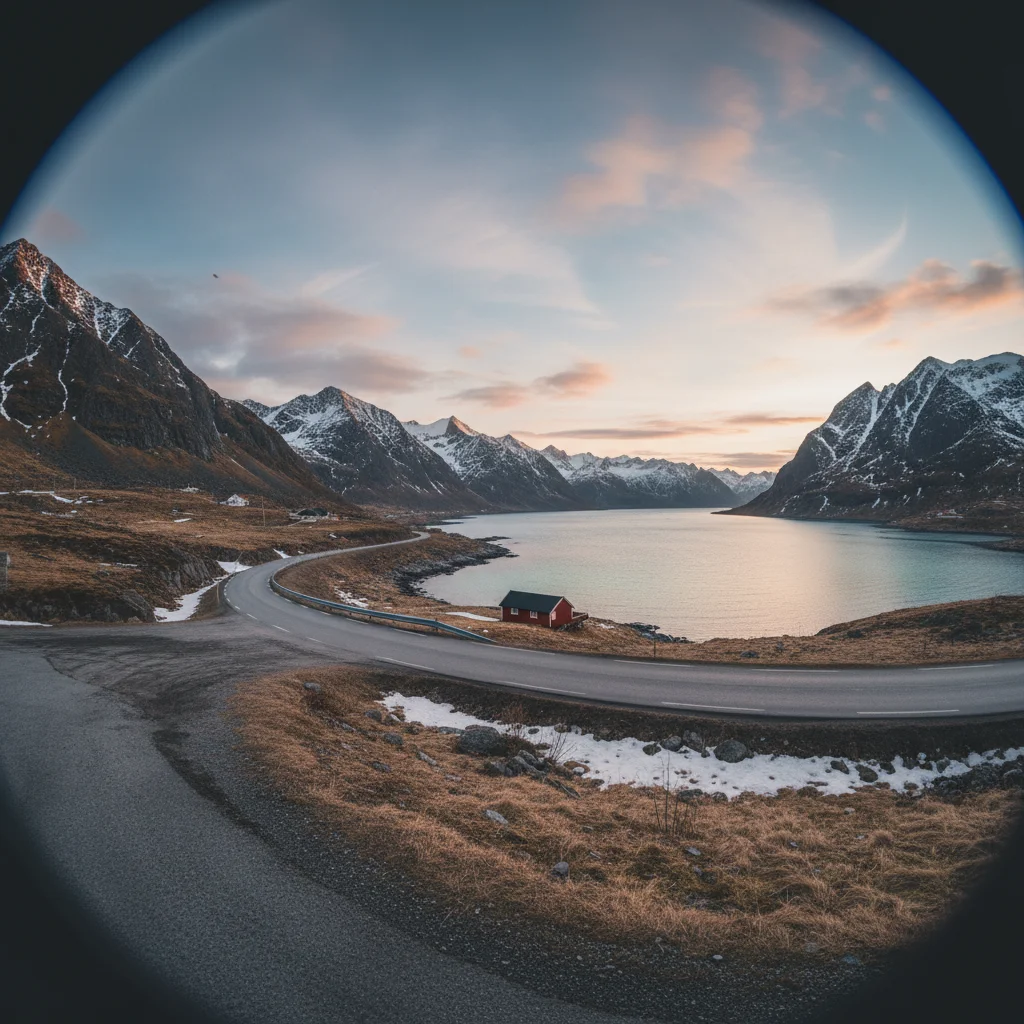 Straße auf den Lofoten mit Bergen und Meer