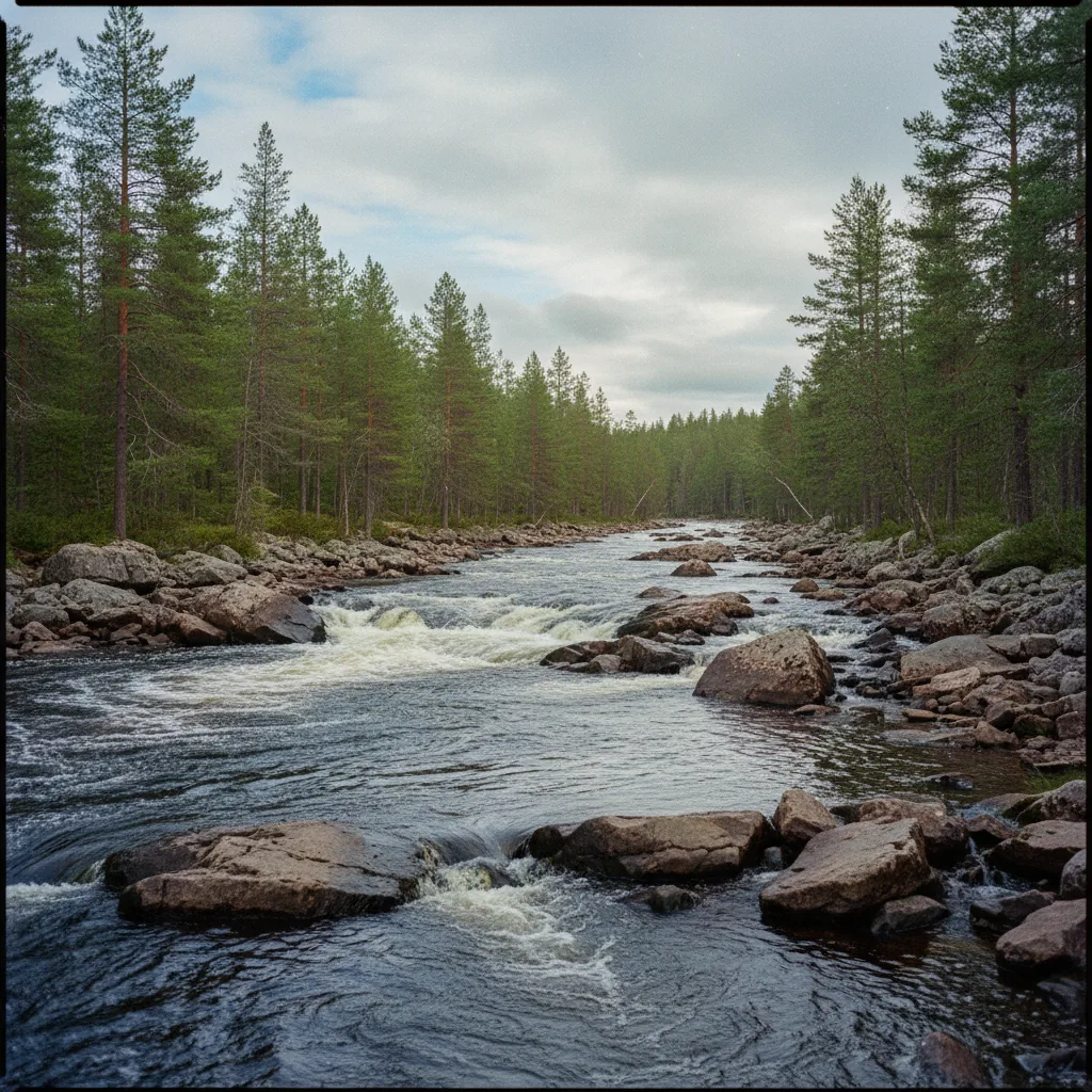 Wilder Fluss durch unberührte Wildnis in Nordschweden mit felsigem Ufer