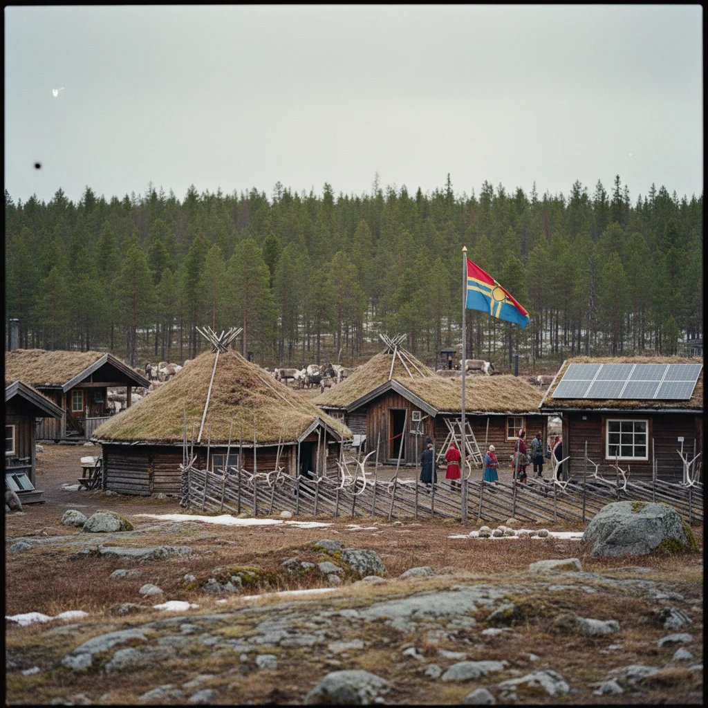 Traditionelle samische Koten und Zelte in der nordschwedischen Fjälllandschaft