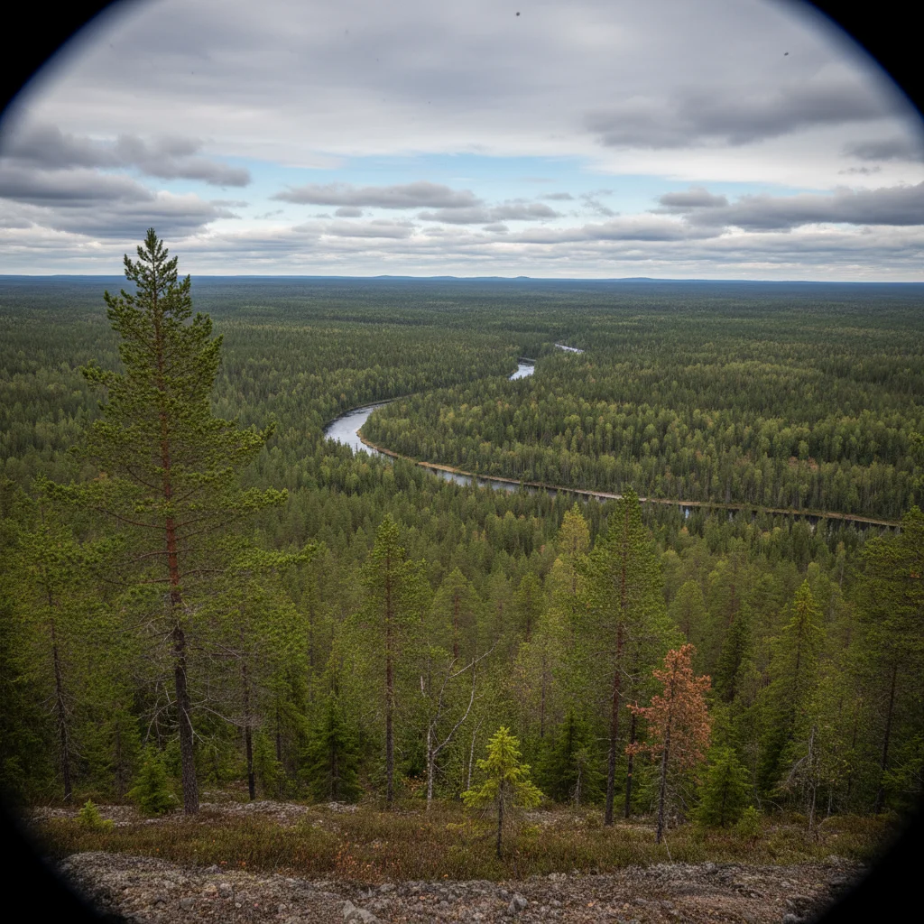 Endloser Nadelwald in Nordschweden aus der Vogelperspektive, durchzogen von einem Fluss