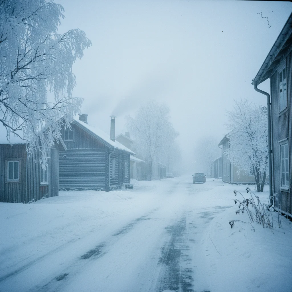Tief verschneite Winterlandschaft in Nordschweden mit Birken und tiefstehender Sonne