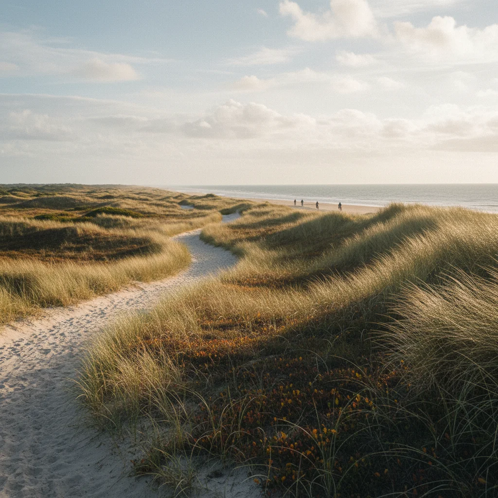 Radweg durch die Dünenlandschaft an der dänischen Nordseeküste