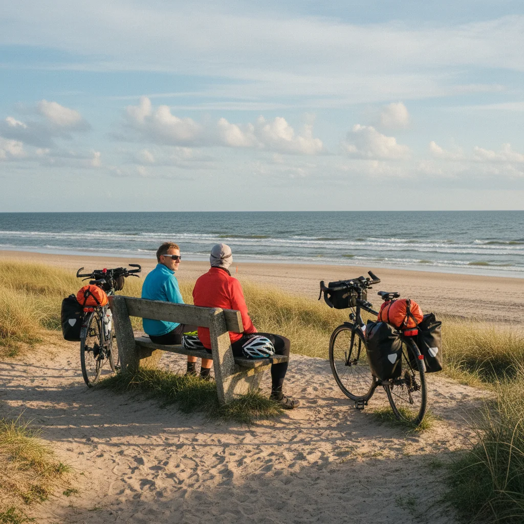 Radfahrer machen Pause auf einer Bank am Nordseeradweg in Dänemark