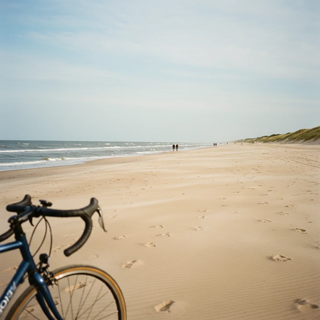 Breiter Sandstrand an der dänischen Nordseeküste vom Rad aus gesehen