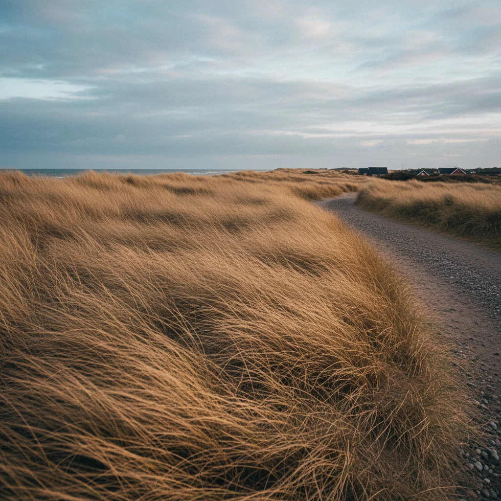 Windgepeitschtes Gras an der dänischen Nordseeküste am Radweg