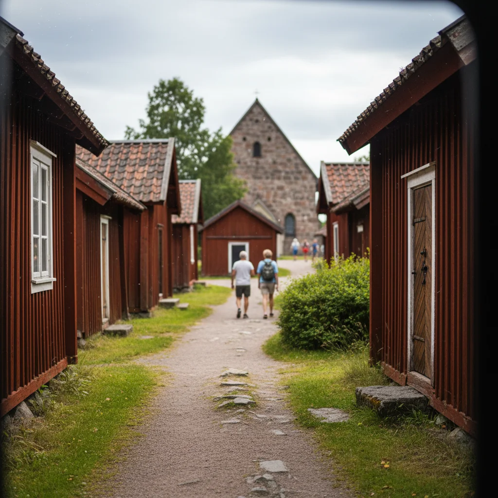 Gammelstads Kirchstadt bei Luleå in Norrbotten mit historischen roten Holzhütten und der mittelalterlichen Steinkirche