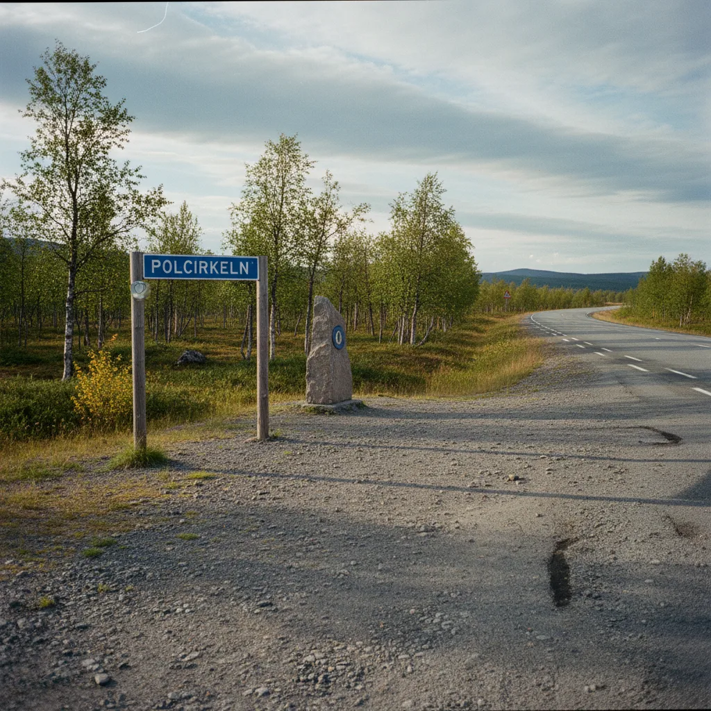 Polarkreis-Schild in Norrbotten an einer verschneiten Landstraße