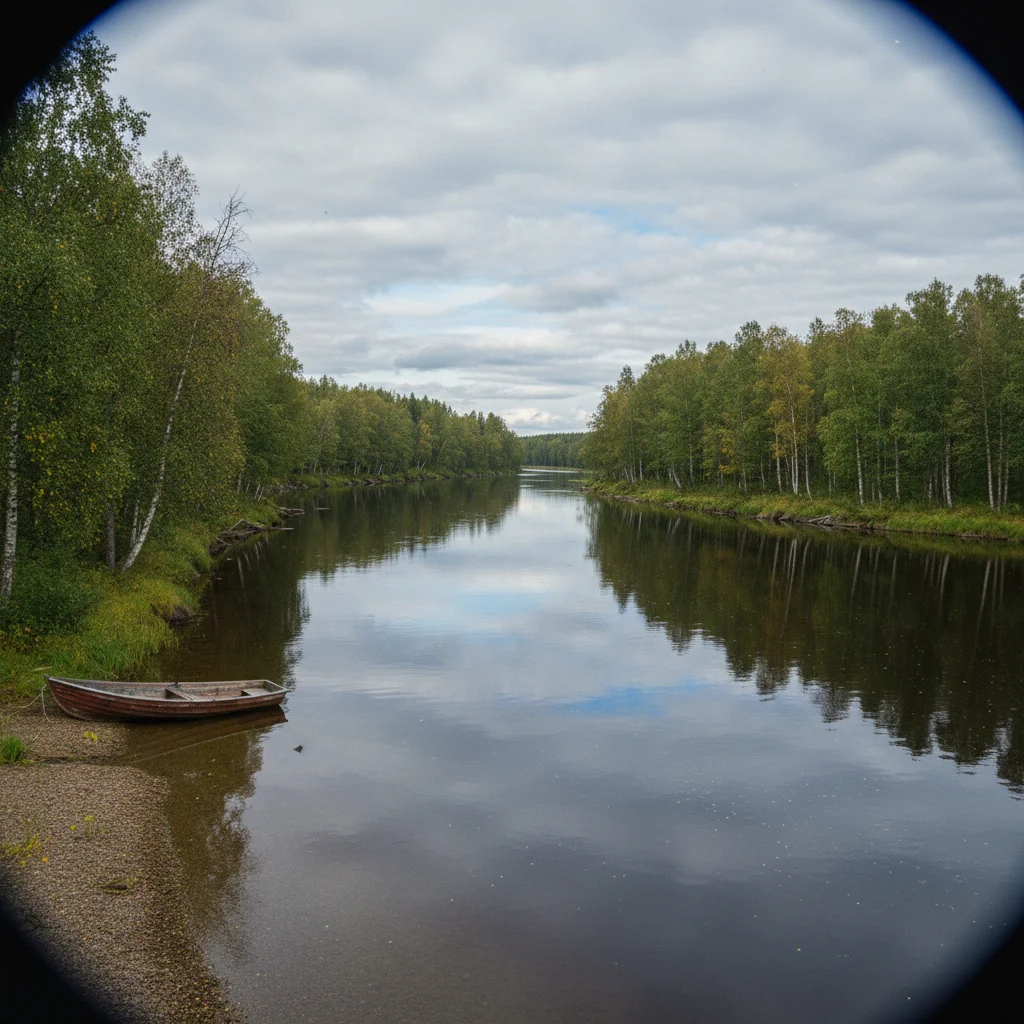Der Torne älv in Norrbotten, breiter Fluss zwischen Schweden und Finnland mit Birkenwäldern am Ufer