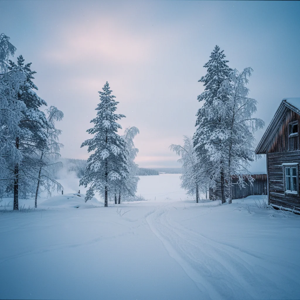 Verschneite Winterlandschaft in Norrbotten mit gefrorenen Bäumen und Nordlicht am Himmel