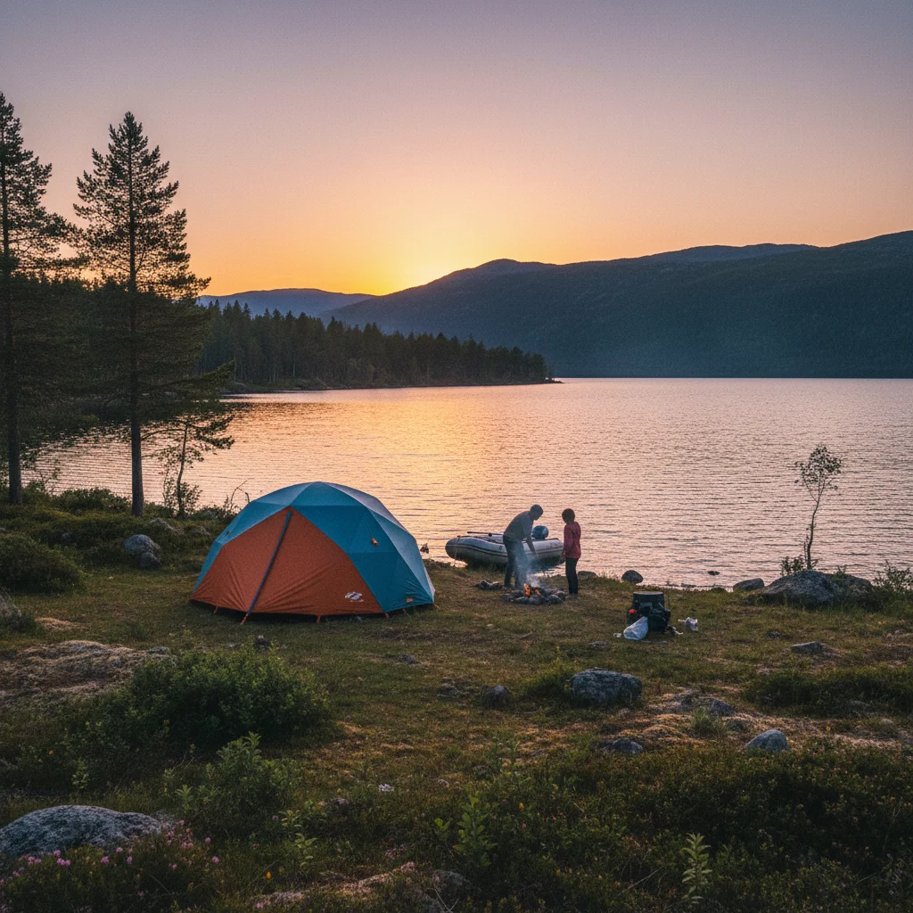 Ein Familienzelt an einem norwegischen See bei Sonnenuntergang