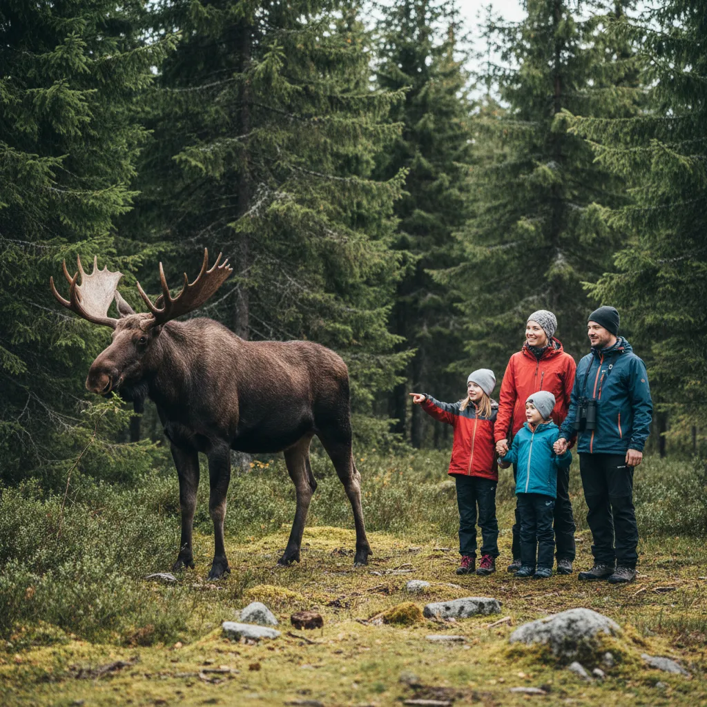 Ein Elch am Waldrand in Norwegen, von einer Familie beobachtet