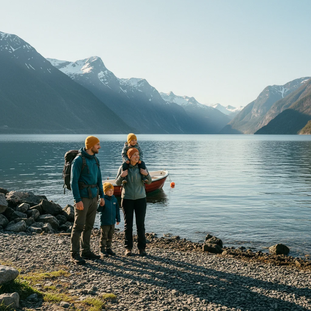 Eine Familie am Ufer eines norwegischen Fjords bei Sonnenschein