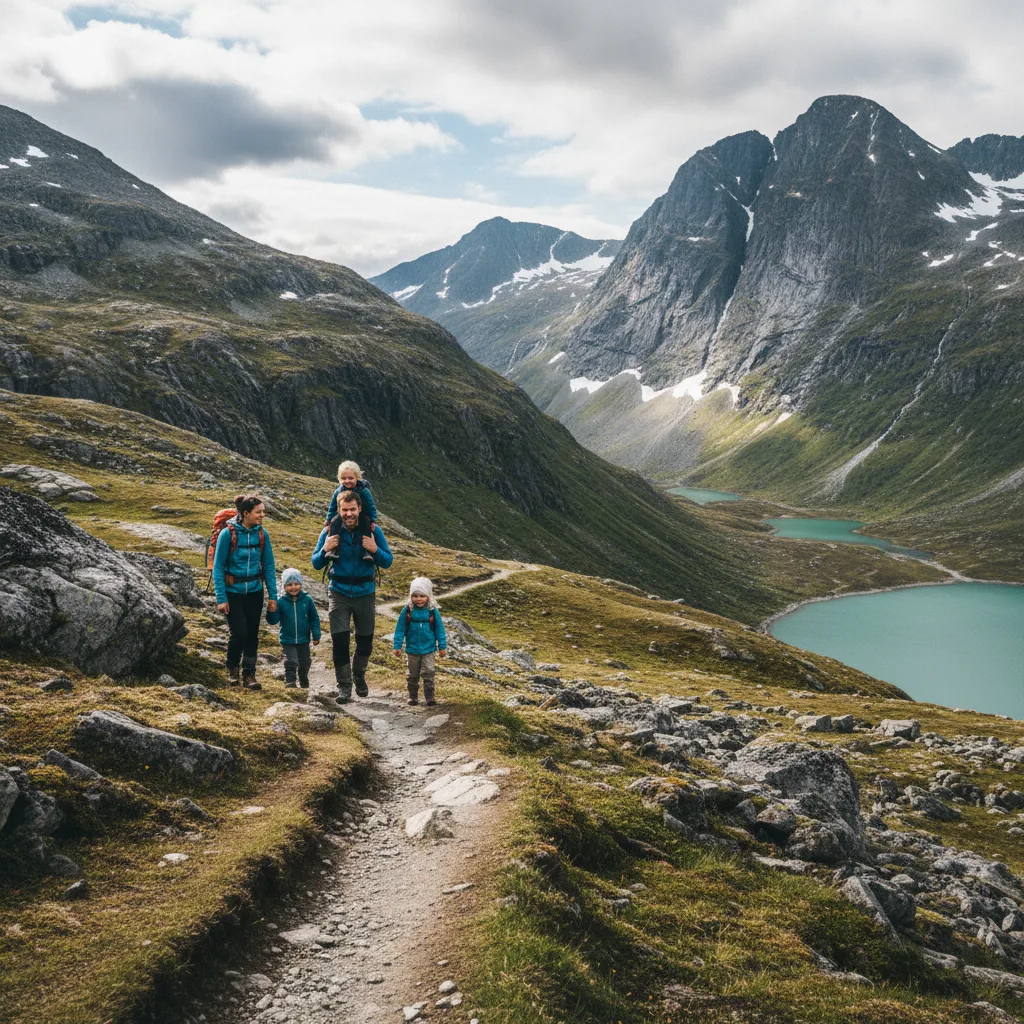 Eine Familie wandert auf einem Pfad in norwegischer Berglandschaft