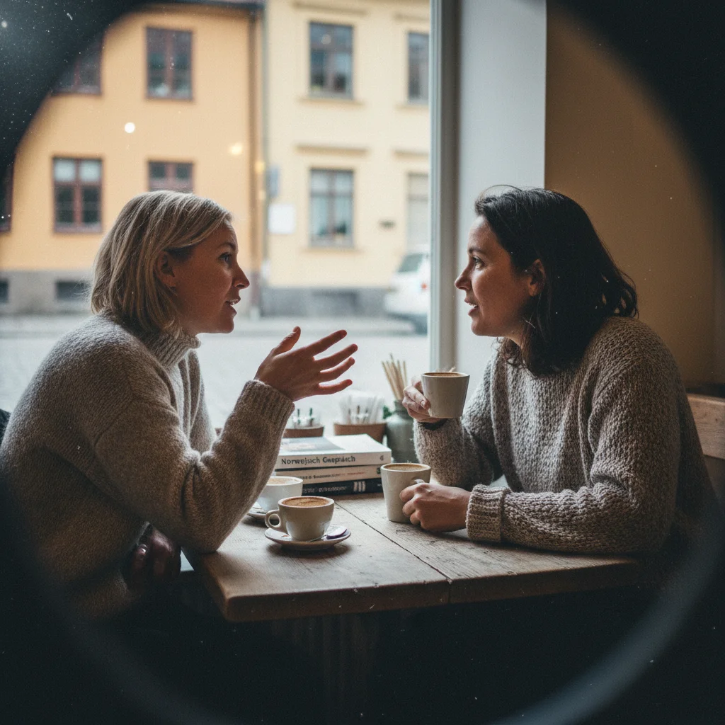 Zwei Personen im Gespräch in einem norwegischen Café