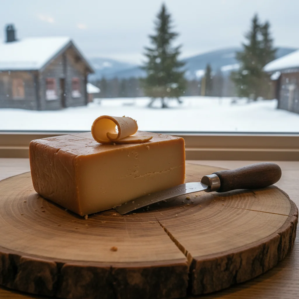 Brunost (brauner Käse) auf einer Holzplatte mit Messer