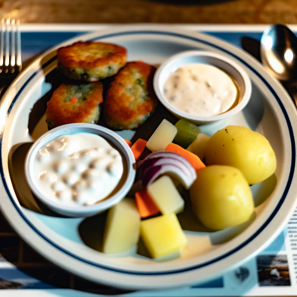 Norwegische Fiskekaker (Fischfrikadellen) mit Kartoffeln und Soße