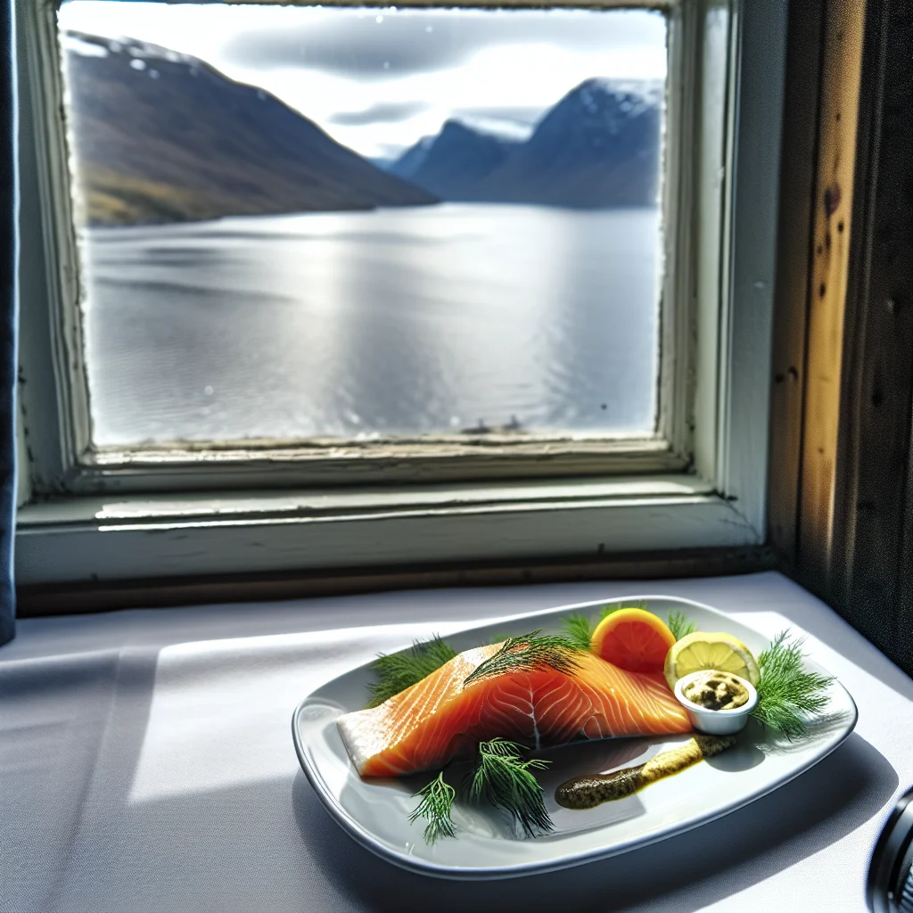 Frischer norwegischer Lachs vor der Kulisse eines norwegischen Fjords