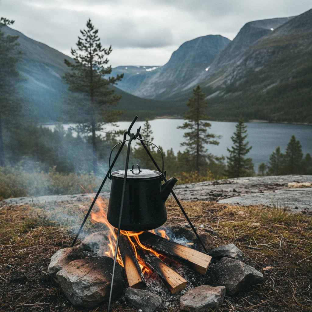 Kokekaffe wird über einem Lagerfeuer in der norwegischen Natur zubereitet