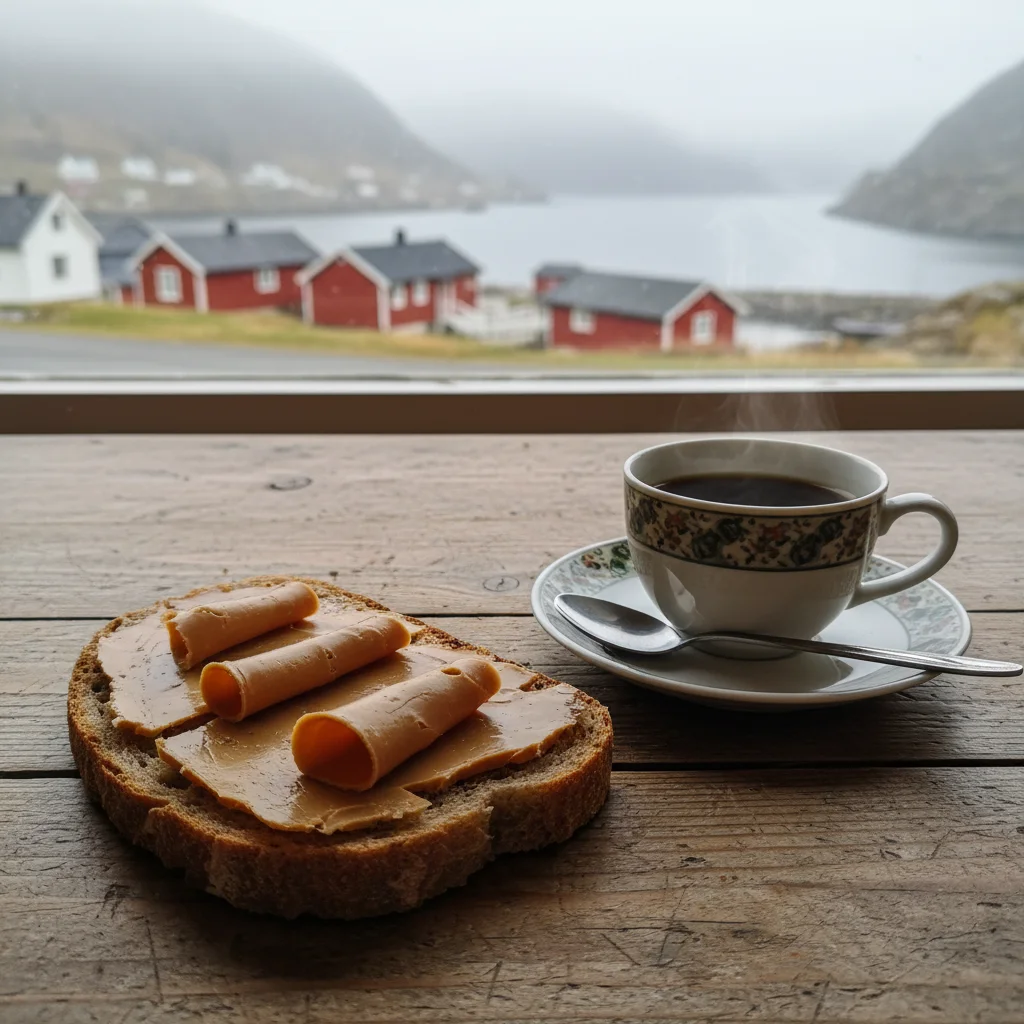 Norwegisches Frühstück mit Brunost auf Brot und Kaffee
