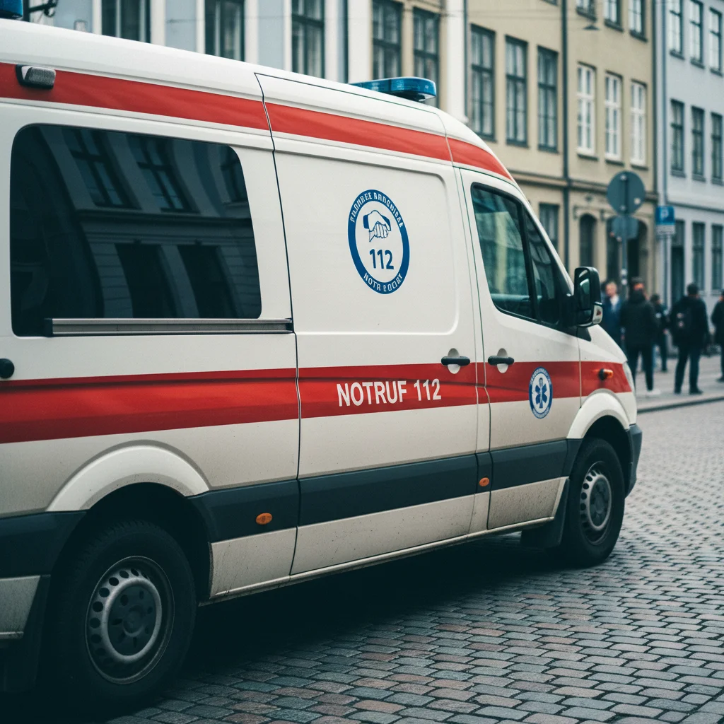 Notruf 112 Symbol auf einem dänischen Krankenwagen