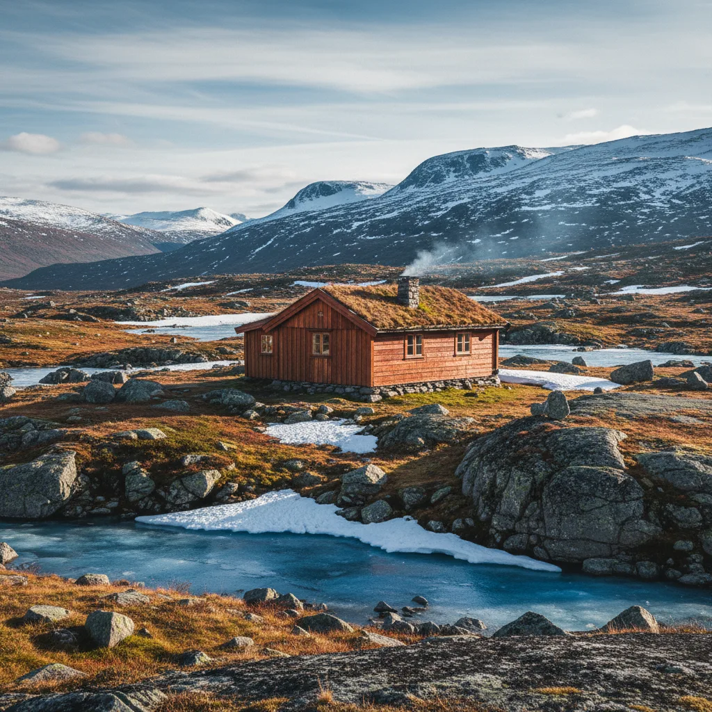 DNT-Huette auf der Hardangervidda mit weiter Landschaft