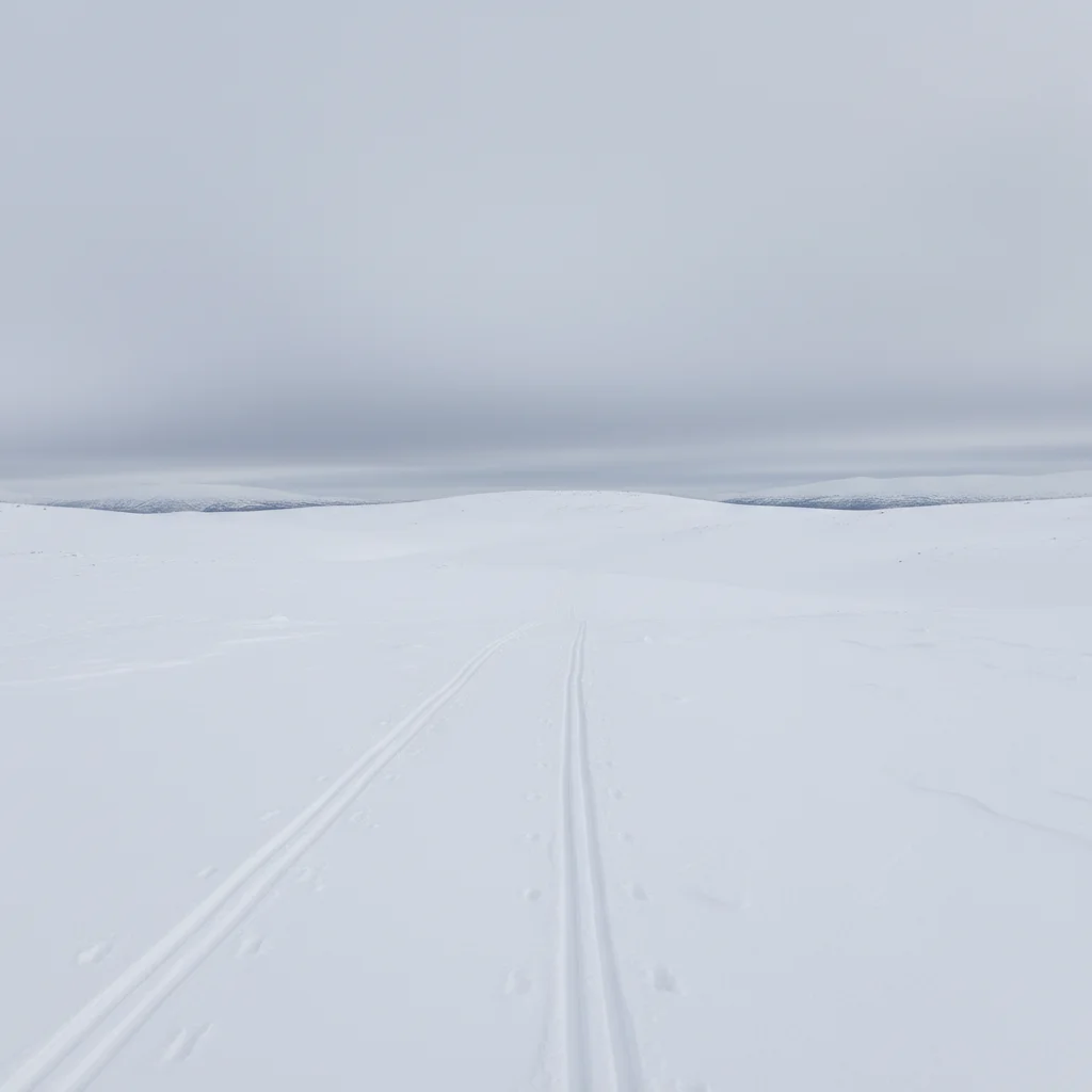 Die Hardangervidda im Winter mit Schnee und Langlaufspur
