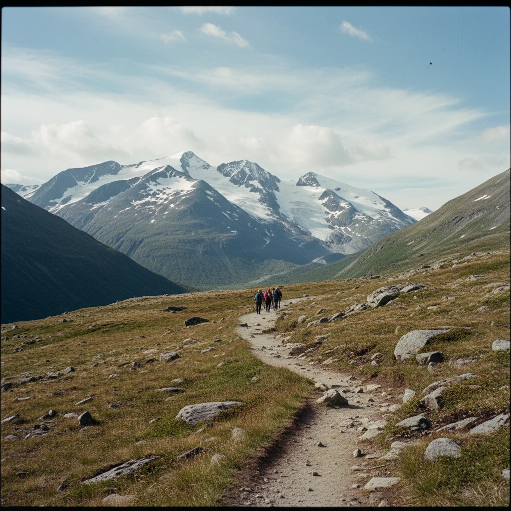 Der Gipfel des Galdhøpiggen mit Schnee und Wanderern