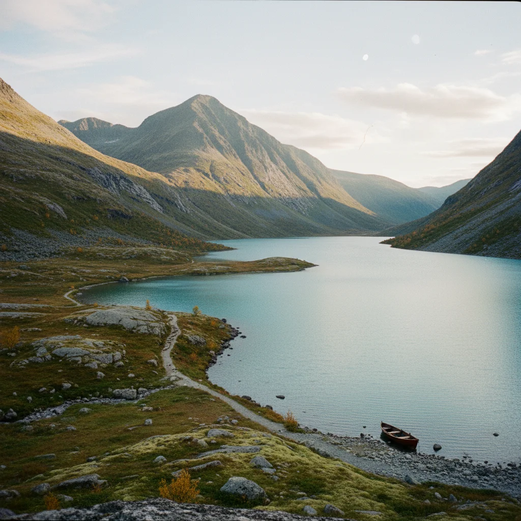See Gjende in Jotunheimen mit gruenblauem Wasser und Bergen