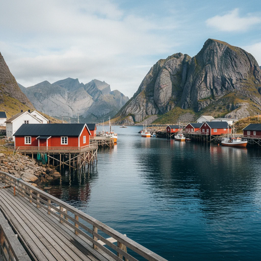 Der historische Fischereihafen von Nusfjord mit roten Rorbuer